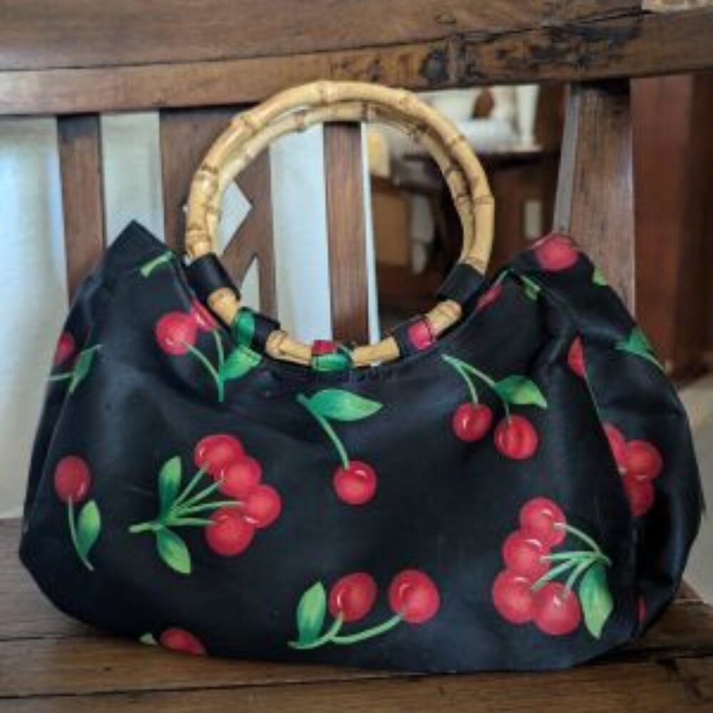 Cherry Print Handbag with Bamboo Handle